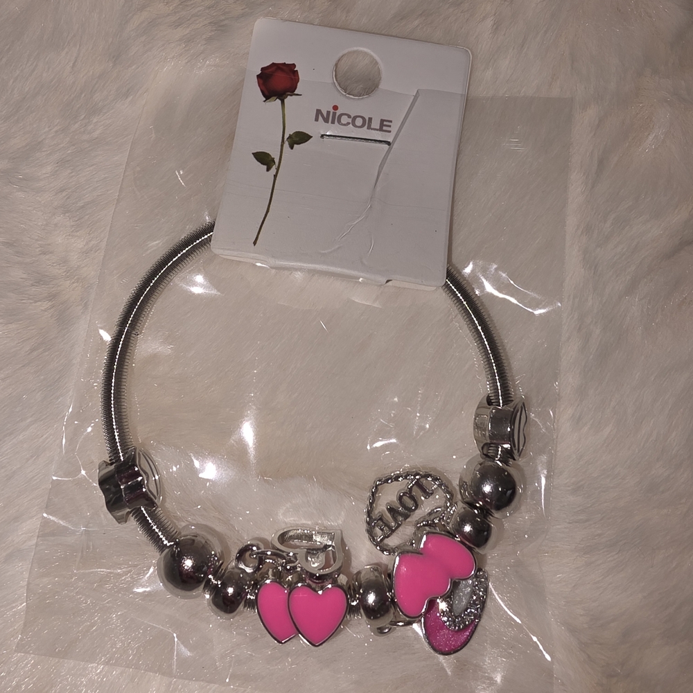 Nicole Silver Bracelet with Pink Heart Charms